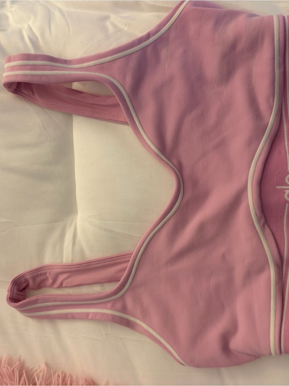 ALO Yoga Pink Racerback Sports Bra with White Trim AND MATCHING LEGGING